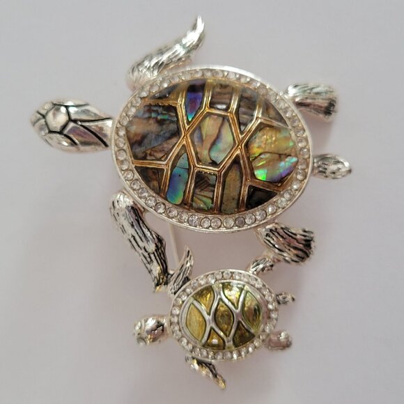 Turtle Brooch Pin With Abalone Shell & Rhinestone Accents By Napier - Picture 1 of 6